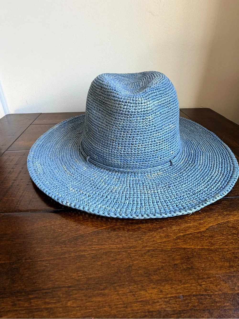 Helen Kaminski Stonewashed Blue 100% Raffia Crochet Fedora Sun Hat Wide Brim OS